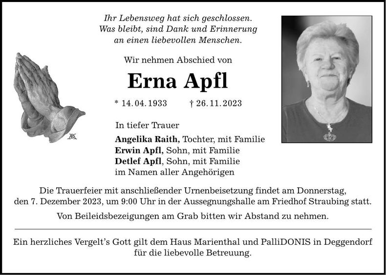 Traueranzeige Erna Apfl