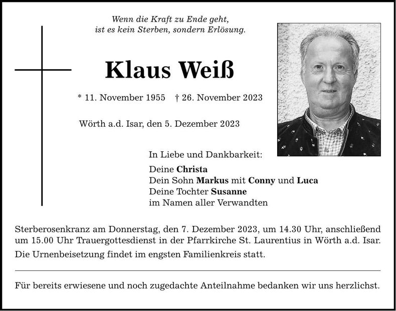 Traueranzeige Klaus Weiß