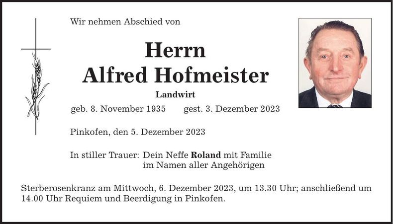 Traueranzeige Alfred Hofmeister