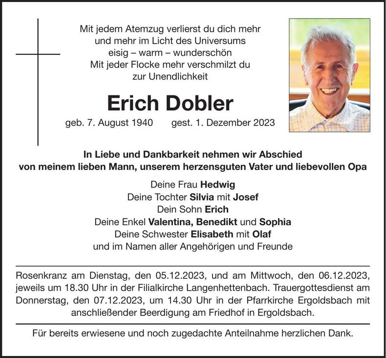 Traueranzeige Erich Dobler