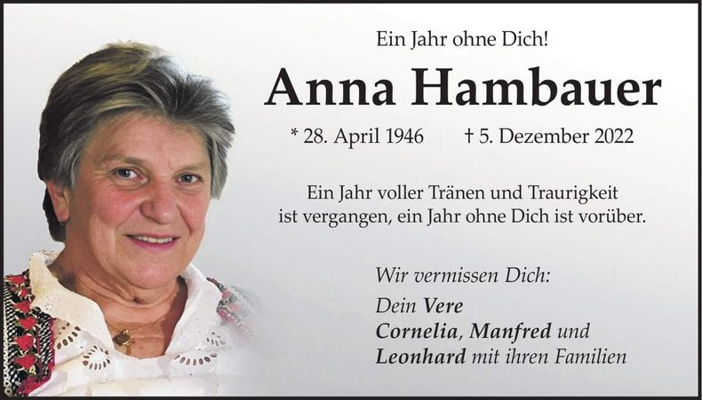 Traueranzeige Anna Hambauer