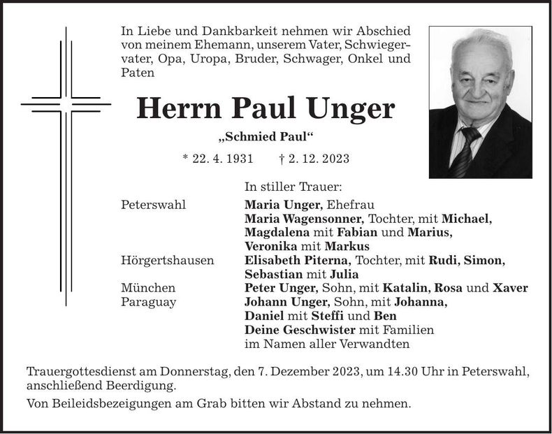 Traueranzeige Paul Unger