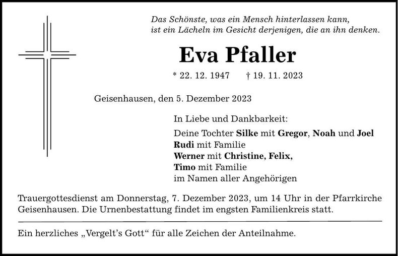 Traueranzeige Eva Pfaller