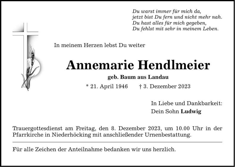 Traueranzeige Annemarie Hendlmeier