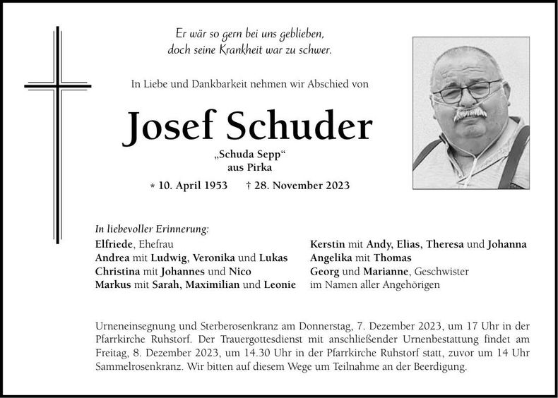 Traueranzeige Josef Schuder