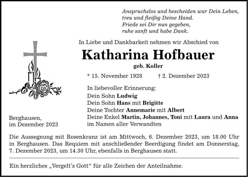 Traueranzeige Katharina Hofbauer