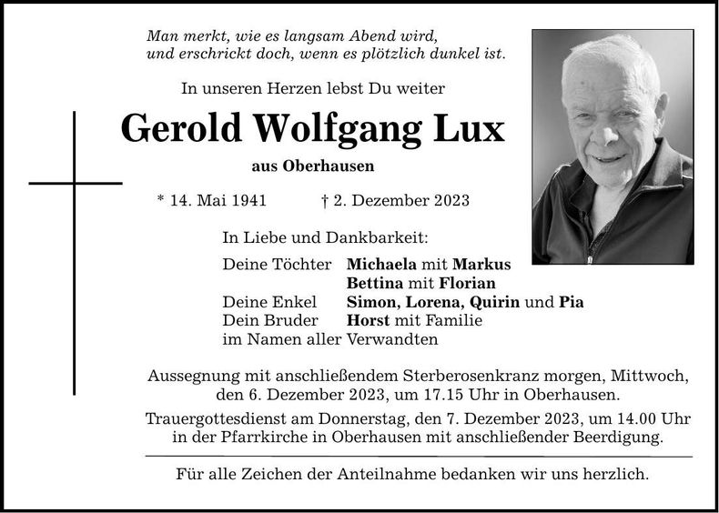 Traueranzeige Gerold Wolfgang Lux
