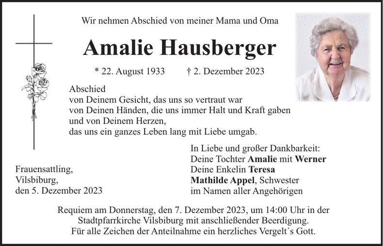 Traueranzeige Amalie Hausberger