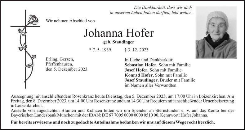 Traueranzeige Johanna Hofer