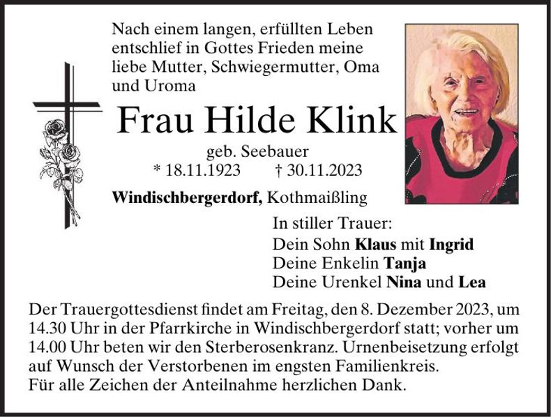 Traueranzeige Hilde Klink