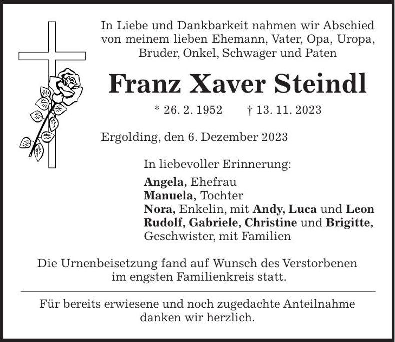 Traueranzeige Franz Xaver Steindl