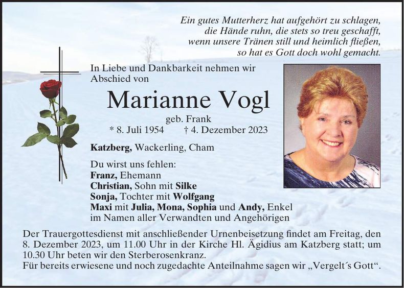 Traueranzeige Marianne Vogl