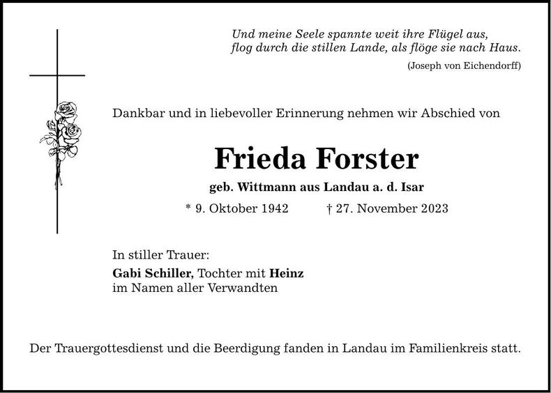 Traueranzeige Frieda Forster
