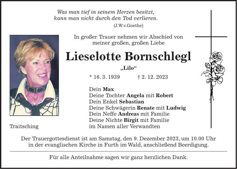 Traueranzeige Lieselotte Bornschlegl