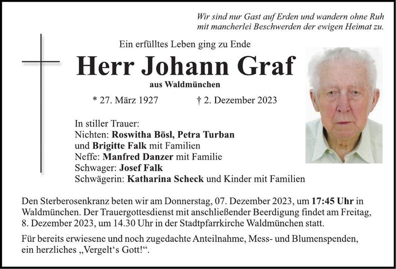 Traueranzeige Johann Graf