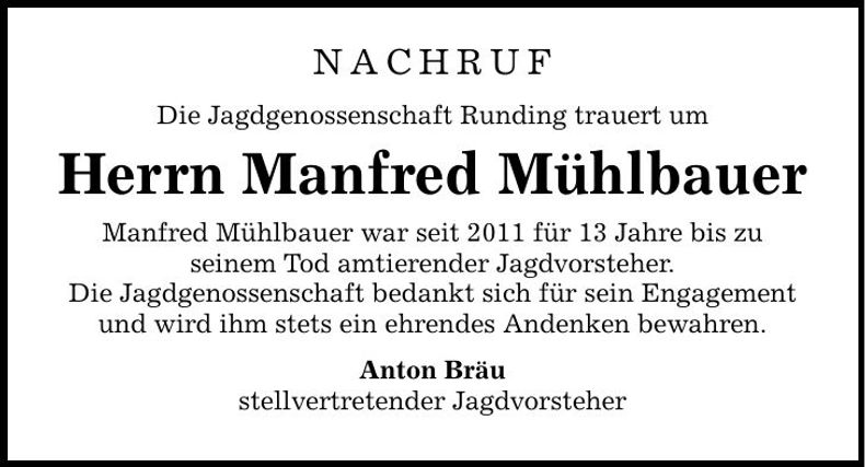Traueranzeige Manfred Mühlbauer