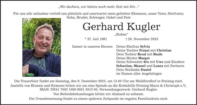 Traueranzeige Gerhard Kugler