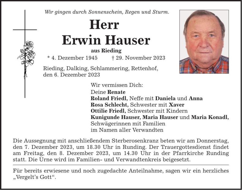 Traueranzeige Erwin Hauser
