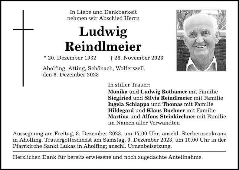 Traueranzeige Ludwig Reindlmeier
