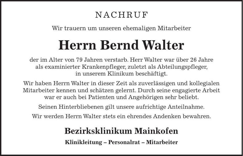 Traueranzeige Bernd Walter