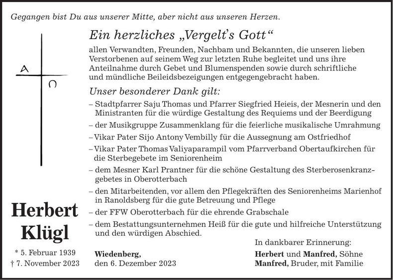 Traueranzeige Herbert Klügl
