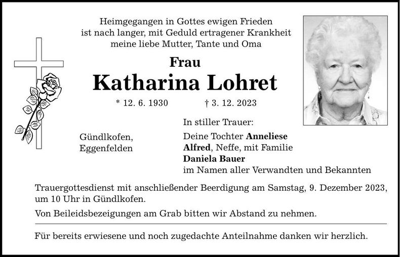 Traueranzeige Katharina Lohret