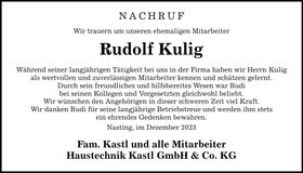 Traueranzeige Rudolf Kulig
