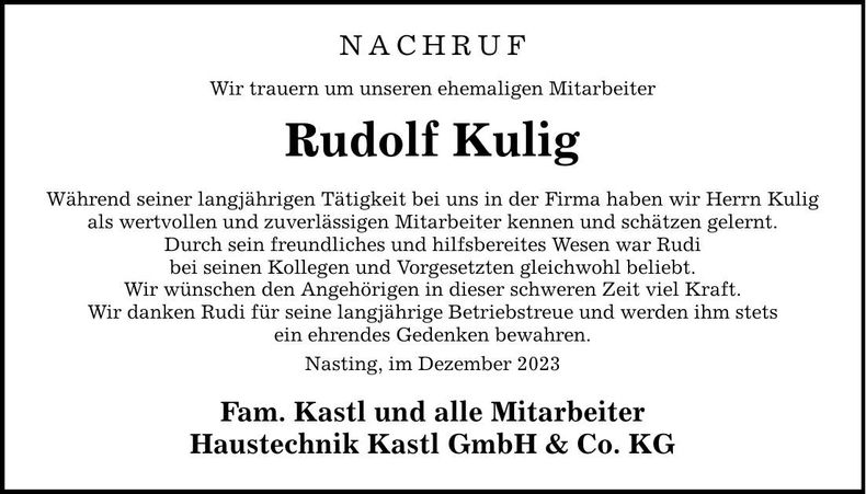 Traueranzeige Rudolf Kulig