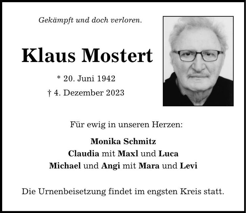 Traueranzeige Klaus Mostert