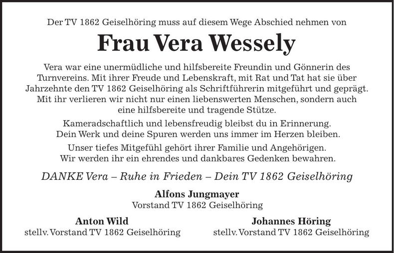 Traueranzeige Vera Wessely