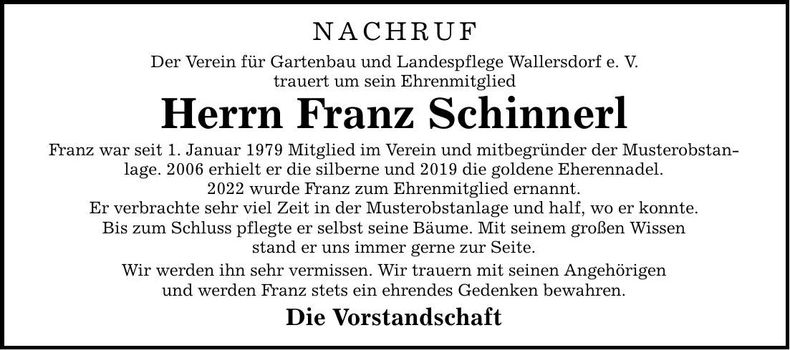 Traueranzeige Franz Schinnerl