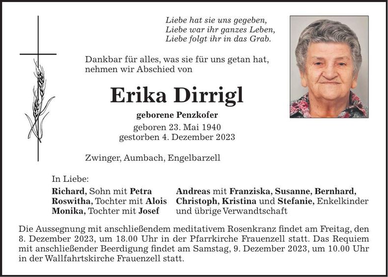 Traueranzeige Erika Dirrigl