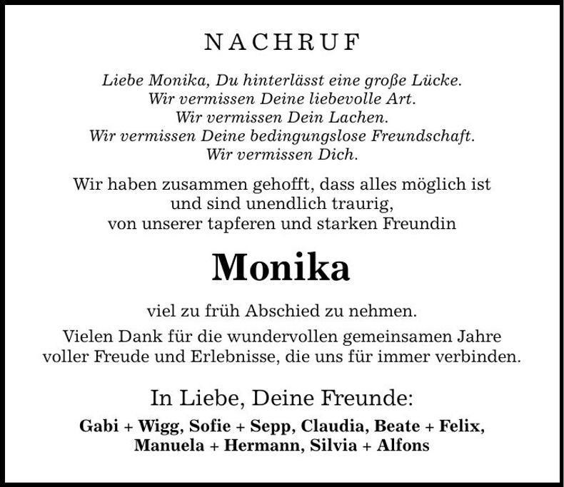 Traueranzeige Monika Zollner