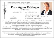 Traueranzeige Agnes Reitinger