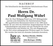 Traueranzeige Paul Wolfgang Dr. Wührl