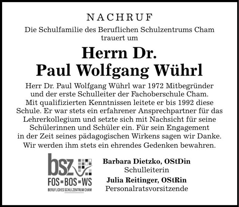 Traueranzeige Paul Wolfgang Dr. Wührl