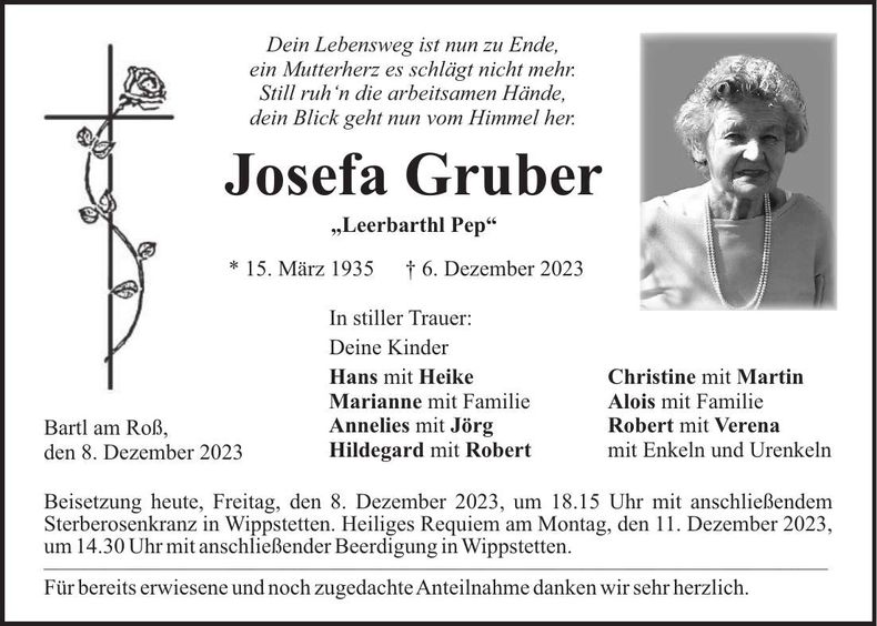 Traueranzeige Josefa Gruber