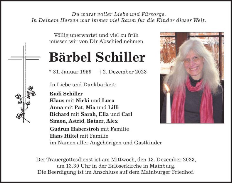 Traueranzeige Bärbel Schiller