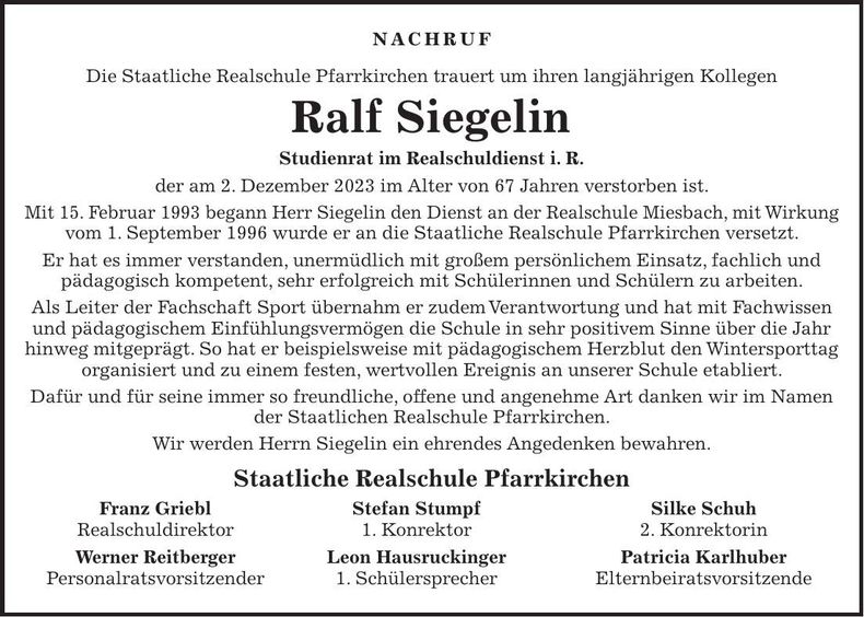 Traueranzeige Ralf Siegelin