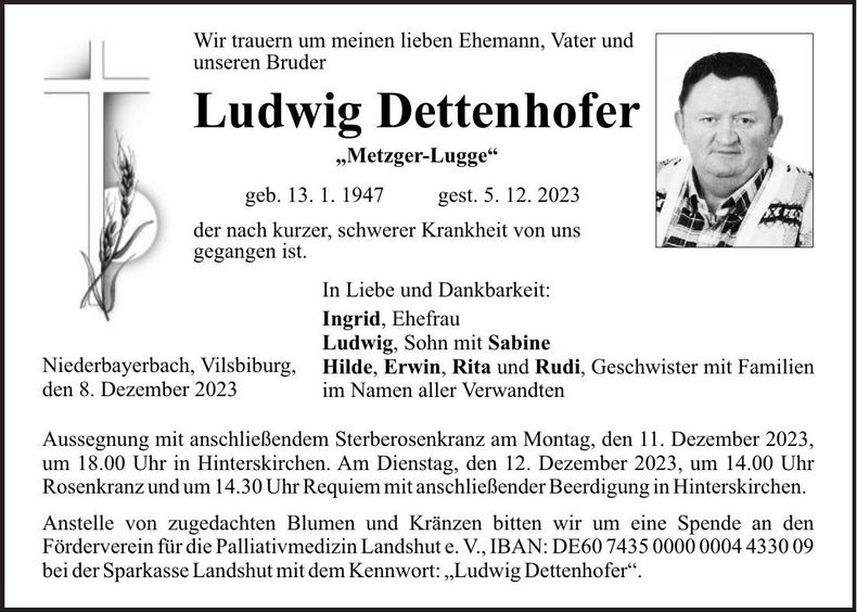 Traueranzeige Ludwig Dettenhofer