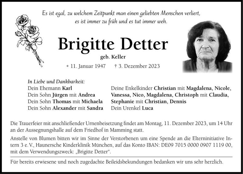 Traueranzeige Brigitte Detter