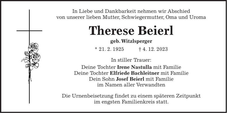 Traueranzeige Therese Beierl