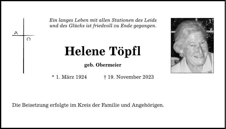 Traueranzeige Helene Töpfl