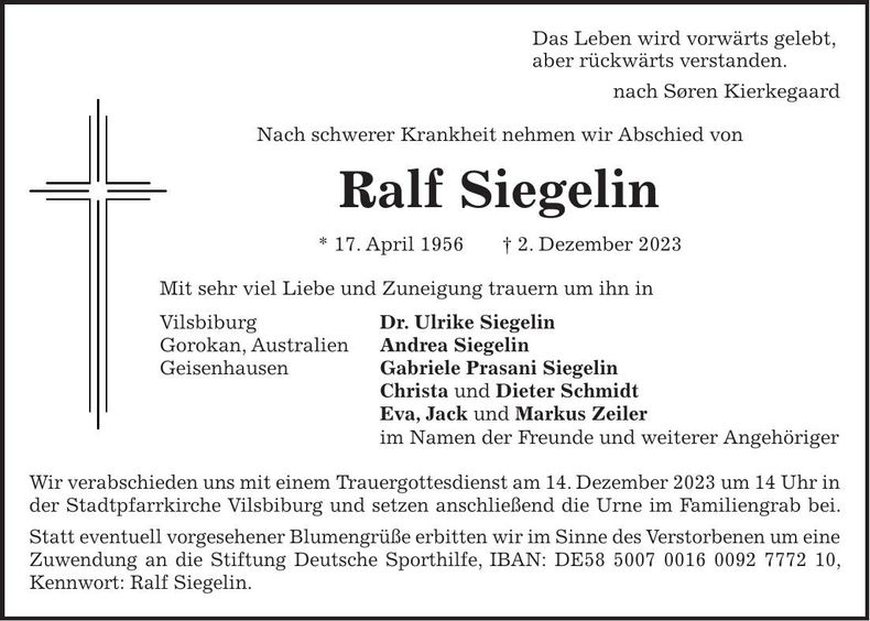 Traueranzeige Ralf Siegelin