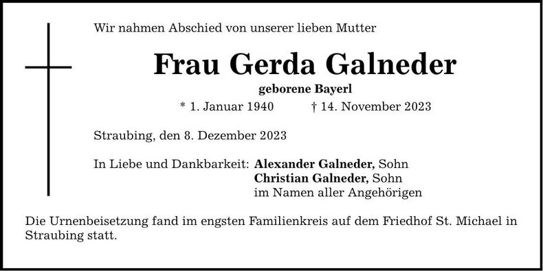 Traueranzeige Gerda Galneder