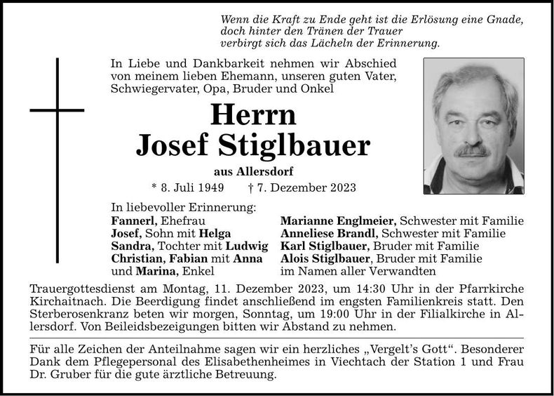 Traueranzeige Josef Stieglbauer