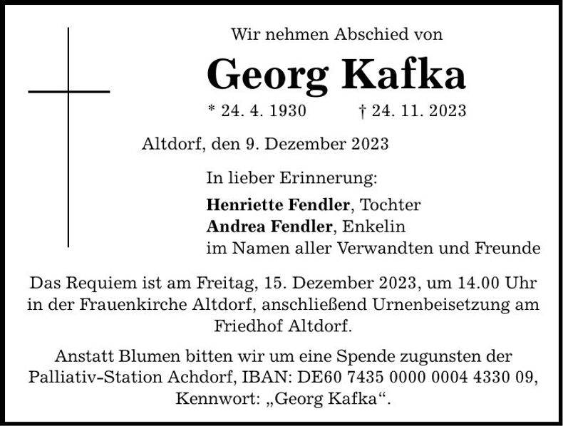 Traueranzeige Georg Kafka
