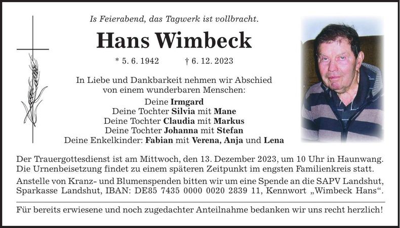 Traueranzeige Hans Wimbeck