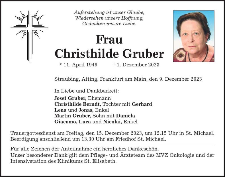Traueranzeige Christhilde Gruber