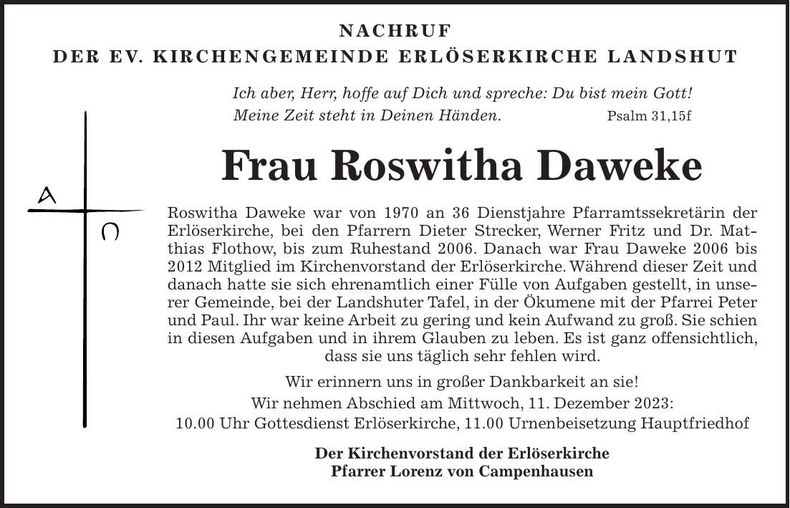 Traueranzeige Roswitha Daweke